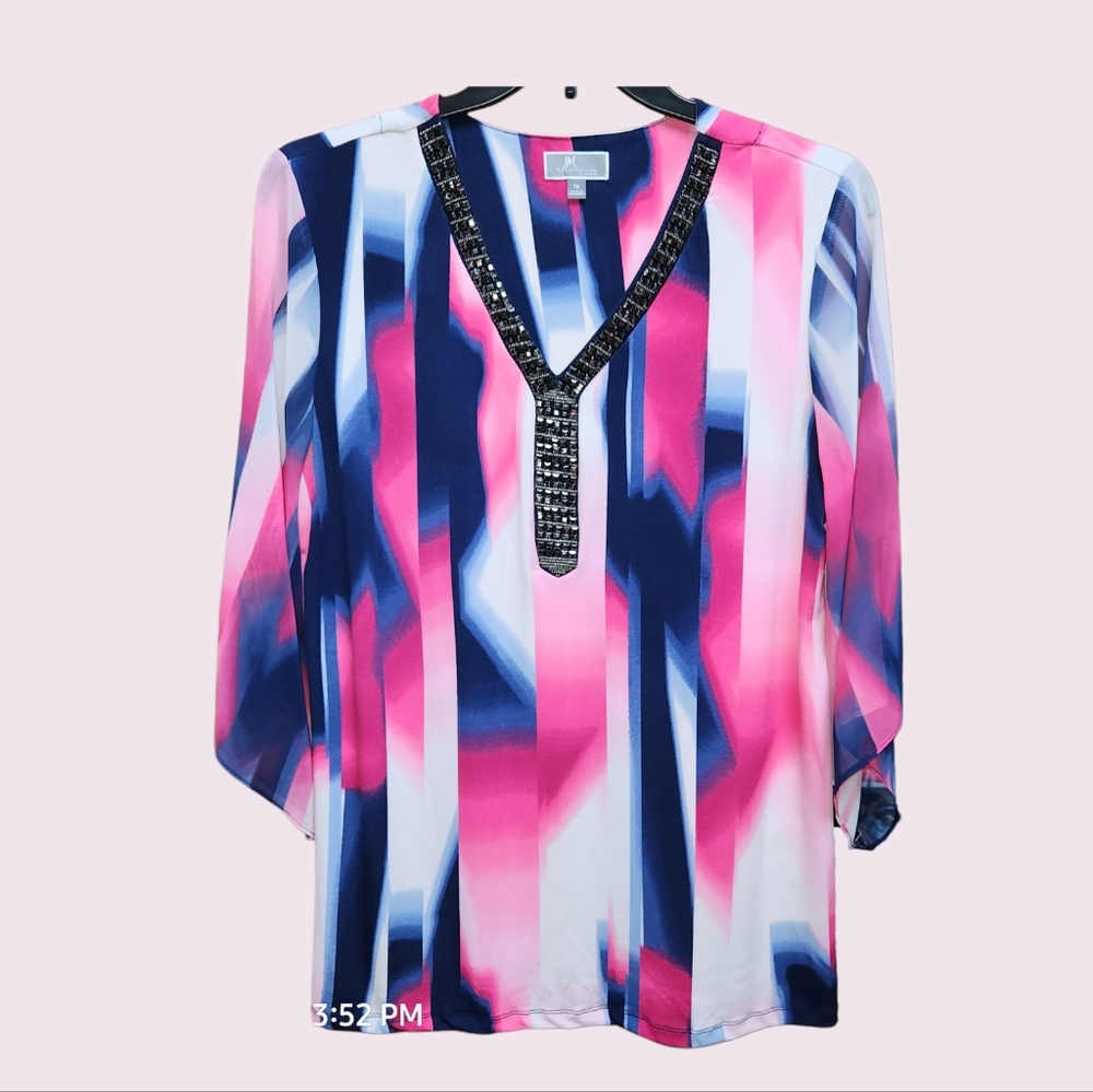 JM COLLECTION Tunic VNeck Blouse with Sheer Sleeves Beaded Low Cut Front